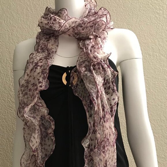 NWT Pier 1 Plum Chiffon Ruffle Floral Scarf - Picture 3 of 8